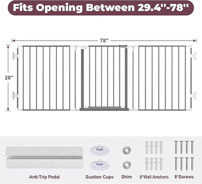 78" Extra Wide Baby Gate, Dog Gates Indoor for Doorways Stairs, Essential Safety Gate for Child, Hardware Mounted Adjustable Pet Gate with Anti-Trip Pedal, 28'' Tall 3 Metal Panels Grey