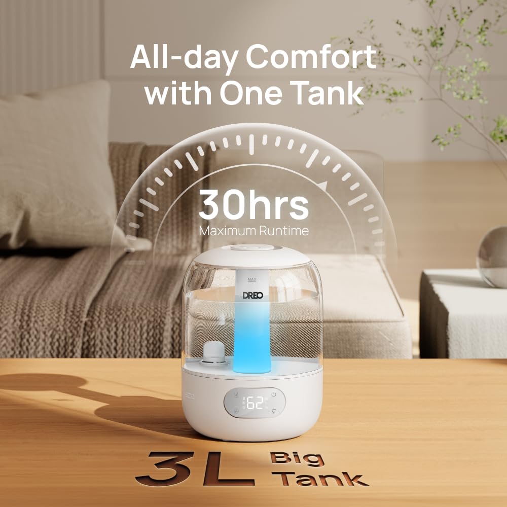 DREO Humidifiers for Bedroom, 3L Top Fill 30H & 26dB Quiet Runtime for Large Room, Cool Mist Ultrasonic Humidifier with Humidity Sensor, Night Light for Home, Baby, Nursery, Plants, New Edition