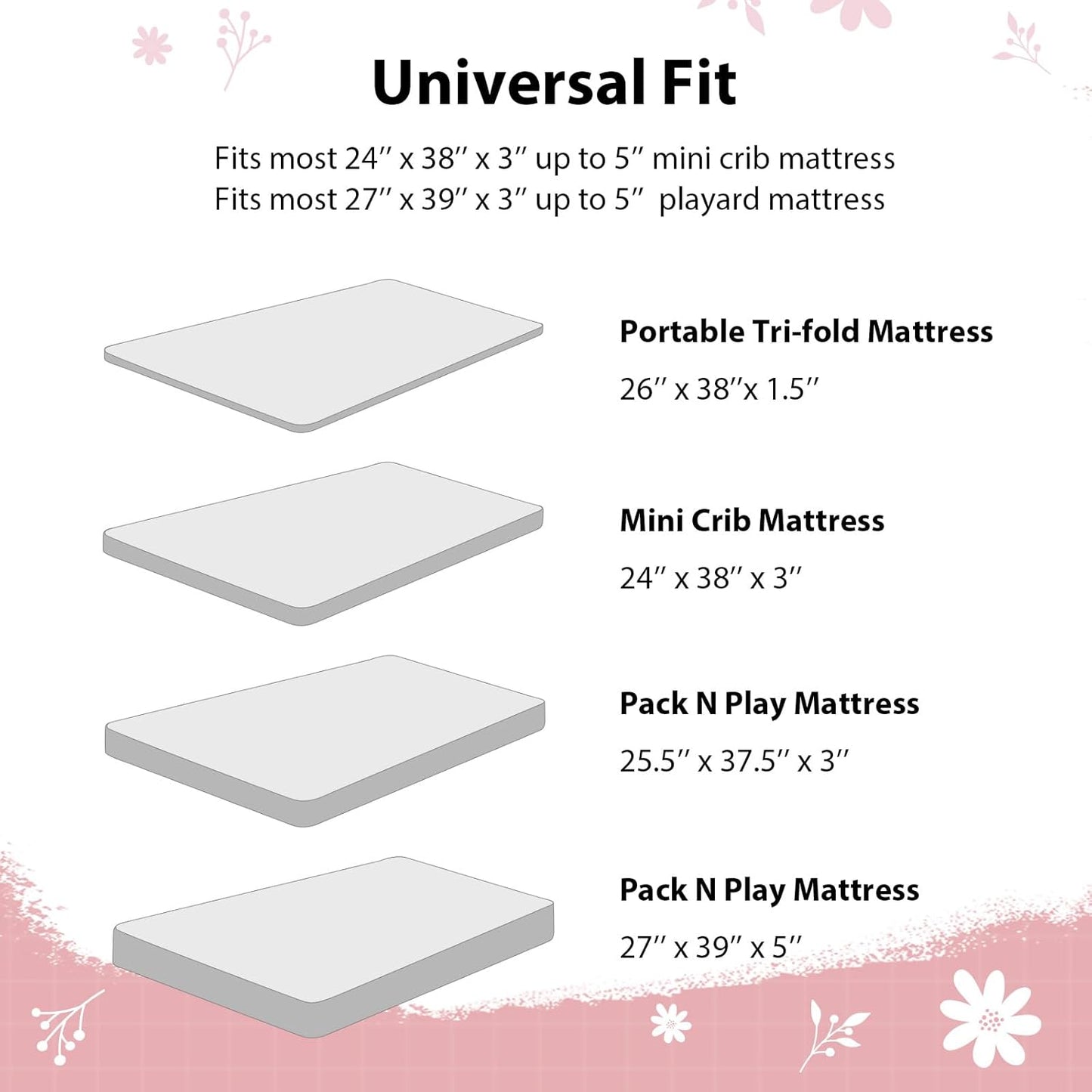 Baby Mini Crib Sheets Girl, Portable 38”x26” Pack and Play Sheets Fitted for Playard and Pack N Play Mattress, 3-Pack Soft Microfiber Pink Rainbow