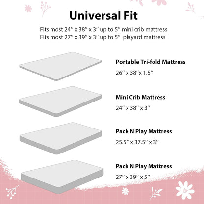 Baby Mini Crib Sheets Girl, Portable 38”x26” Pack and Play Sheets Fitted for Playard and Pack N Play Mattress, 3-Pack Soft Microfiber Pink Rainbow