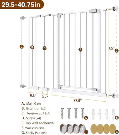 InnoTruth 29.5–40.75" Baby Gate for Stairs, 30" Tall Dog Gates for Doorways & Hallways, Safety Gate for Kids & Pets, Pressure-Mounted Walk-Through with Dual Lock & 2-Way Swing, White
