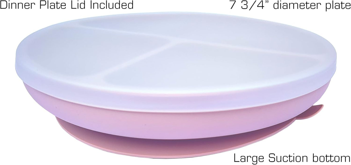 Kotaria 9 Piece Pink Toddler Silicone Dinner Set. Includes Bib, Suction Compartment Plate with lid, Cup with Straw and lid for Snack time, Bowl, Fork and Spoon.