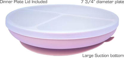 Kotaria 9 Piece Pink Toddler Silicone Dinner Set. Includes Bib, Suction Compartment Plate with lid, Cup with Straw and lid for Snack time, Bowl, Fork and Spoon.