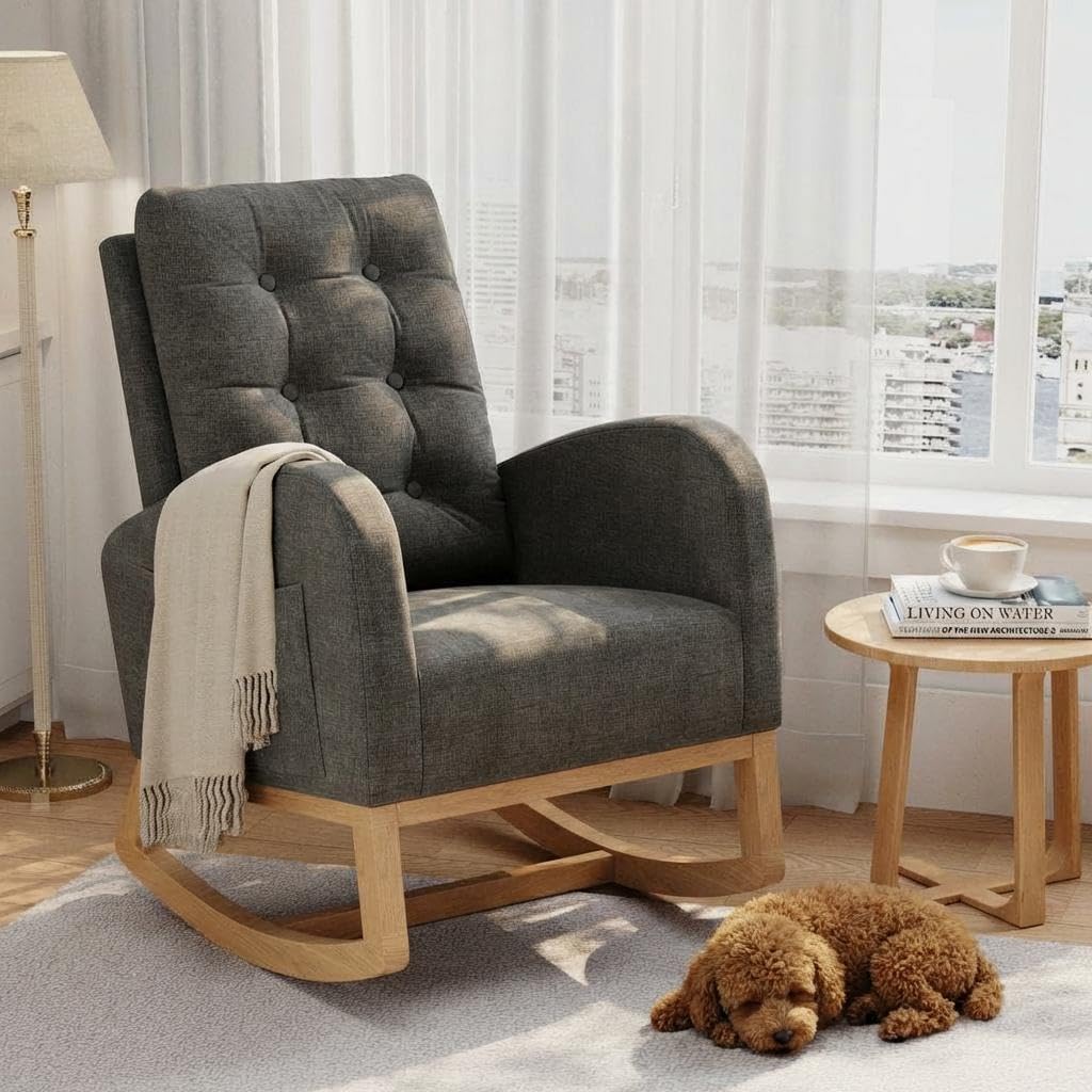 Modern Rocking Chair for Living Room, Comfortable Recliner Rocker with Side Pocket, Soft Linen Upholstered Glider Chair for Bedroom, Nursery, Lounge-Grey