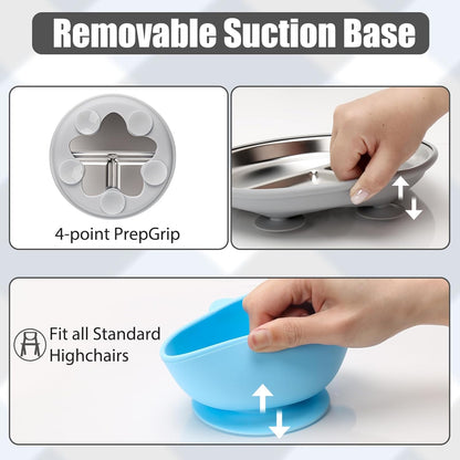 MISSLILI Stainless Steel Baby Plate and Bowls with Suction, Divided Kids Baby Plate and Toddler Bowl with Removable Silicone Suction, Non-Slip Baby Feeding Set Dishwasher Safe，4 Packs