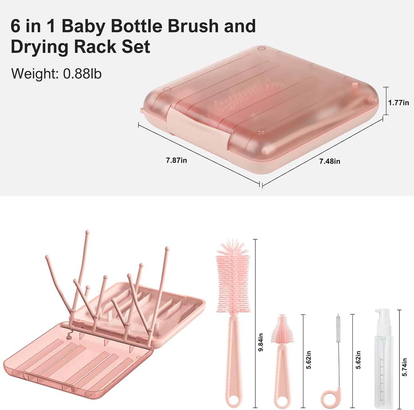 6 in 1 Cleaning Brush Set with Silicone Bottle, Nipple, Straw, Soap Dispenser, Drying Rack for Baby and Water Bottles, Space Saving Essentials for Home and Travel