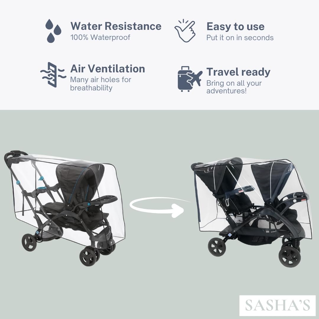 SASHA'S Rain and Wind Cover for Both Baby Trend Sit N Stand Ultra Stroller & Baby Trend Sit N Stand Double Stroller,Clear with Ventilation (Stroller not Included) Made in USA