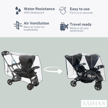 SASHA'S Rain and Wind Cover for Both Baby Trend Sit N Stand Ultra Stroller & Baby Trend Sit N Stand Double Stroller,Clear with Ventilation (Stroller not Included) Made in USA