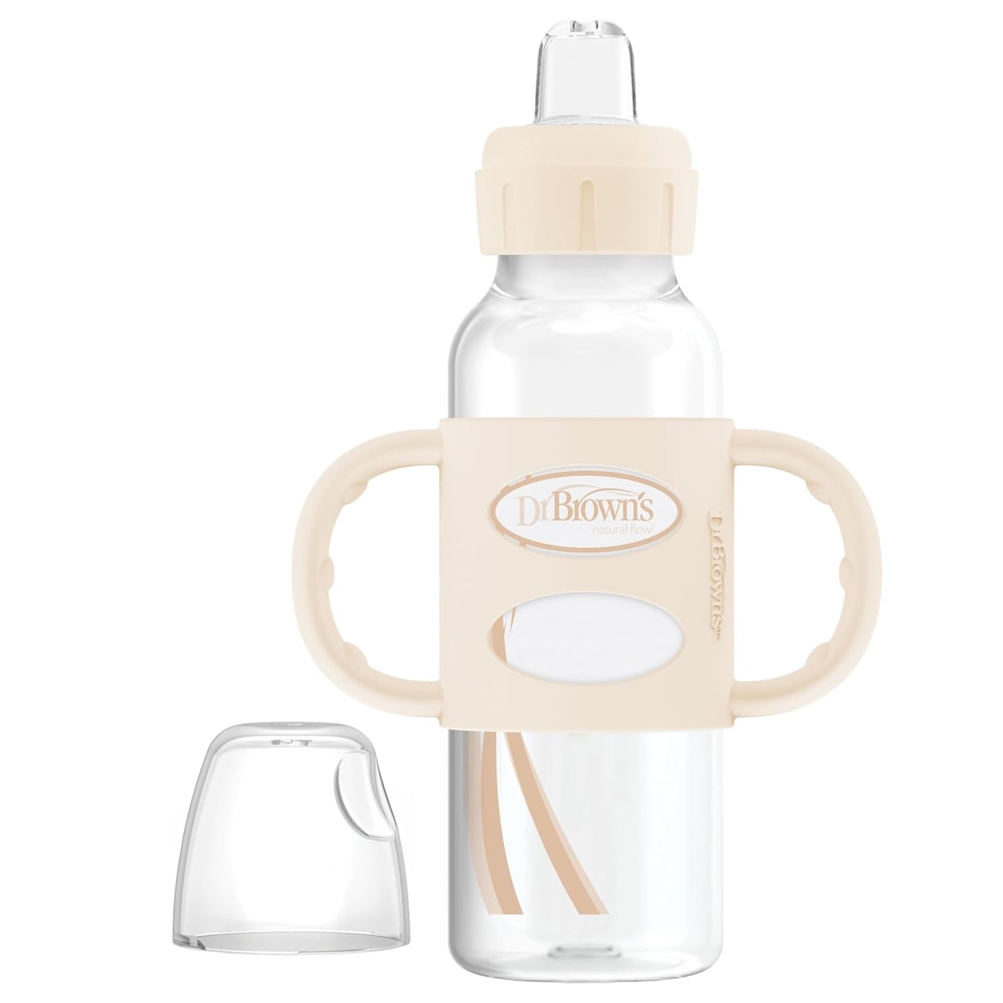 Dr. Brown's Milestones Narrow Sippy Spout Bottle with 100% Silicone, Easy-Grip Handles and Soft Sippy Spout, 8oz/250mL, Light Pink and Ecru, 2-Pack, 6m+