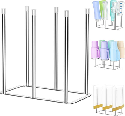 Water Bottle Drying Rack Reusable Bottle Rack Dryer Kitchen Stand Holder Metal Countertop Baby Bottle Drying Rack Water Cup Drying Rack for Plastic Bags, Bottles and Cups (Sliver, Large)