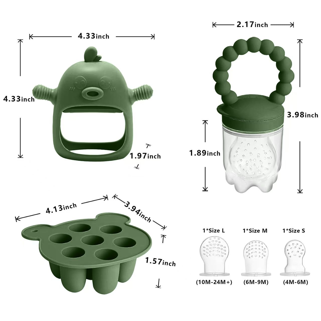 3-in-1 Baby Food & Fruit Feeder Set – Breastmilk Popsicle Mold with Freezer Tray, Teething Relief Toy, BPA Free Infant Silicone Feeding Combo, 3 Bonus Sizes (S/M/L) Sacs (Olive Green)