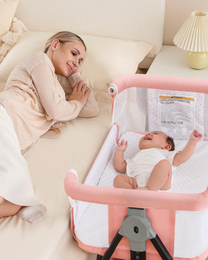 Bedside Bassinet for Baby, 3 in 1 Breathable Mesh Baby Bassinet, 6 Height Adjustable, Easy to Assemble, Bassinet Bedside Sleeper with Wheels, Mosquito Net, Storage Basket, Bassinets for Newborn Baby | Multi-functional
