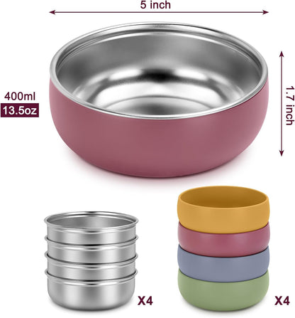 ShineMe Stainless Steel Bowls, 6 pack Snack Containers with Removable Colorful Silicone Sleeves, Unbreakable Kids Bowls for Icecream, Soup, Cereal, Yogurt...