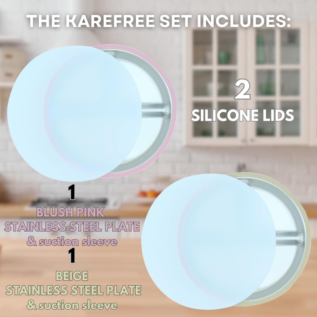 Karefree Children’s Minimalist Stainless Steel Suction Plate with Lid – 3-Section, BPA-Free, Food Grade Silicone, Easy Clean, Perfect for Toddlers & Baby Led Weaning (2, Blush Pink and Beige)