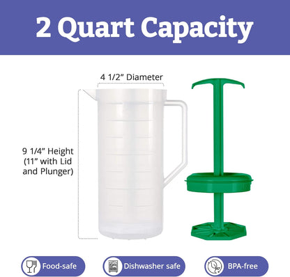 JBK Pottery 2-Quart White Mixing Pitcher with Plunger – BPA-Free Plastic Mixing Jug for Juice, Milk, Tea, Shakes, and More – Dishwasher-Safe, Spill-Proof Lid, Smart Stirring Design