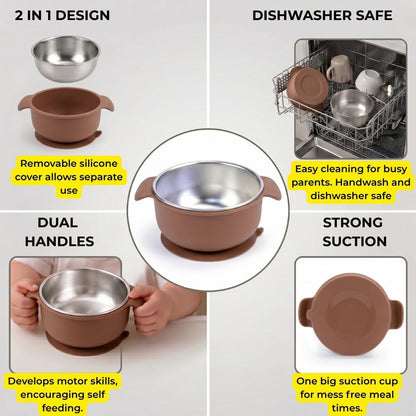 Stainless Steel Baby Suction Bowls with Handles 2 Pack, Non-Slip Children Food Bowl with Silicone Sleeve for Kids Toddlers Infants, Unbreakable & Non Toxic (Sage Green & Mocha Mousse)