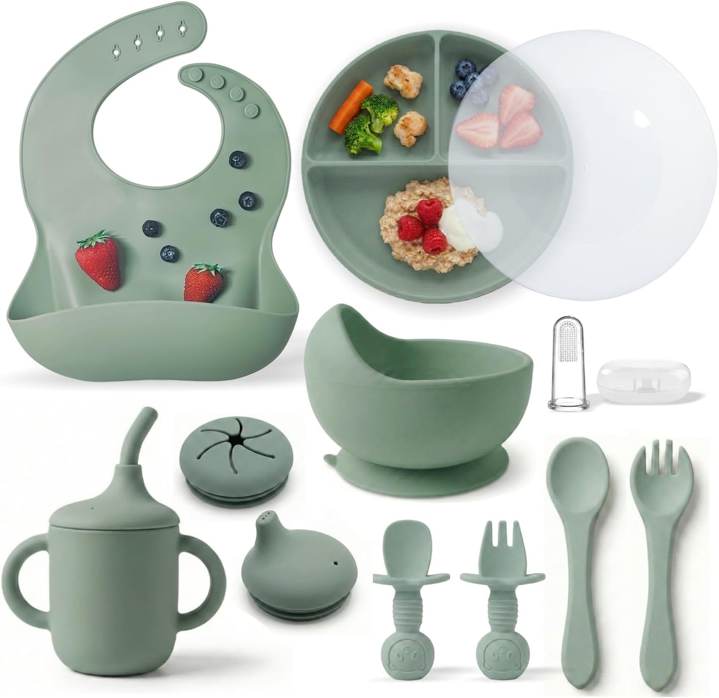 Remonda 23-Piece BPA-Free Silicone Baby Feeding Set | Extra Large Suction Plates, Toddler Bowls, Self Feeding Spoons, and More | Dishwasher Safe| Baby Led Weaning Supplies (Green）01