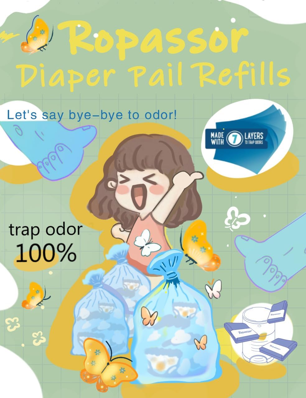 Diaper Pail Refill Bags for Dekor Plus Diaper Pail (2400 count) 4 Packs, 7-Layer Odor-Absorbing, 30% Extra Thickness, Disposable Diaper Trash Bags, Baby essentials