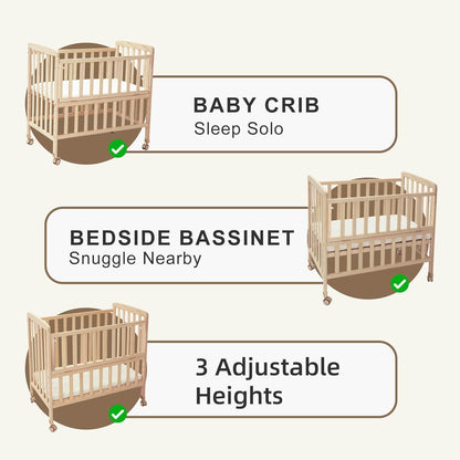Flwrgirl Baby Bassinets Bedside Sleeper - Portable Pine Wood Bedside Bassinet with Mattress,3 Heights Small Mini Crib,Baby Crib for Newborns,Unpainted | Pine Wood Bassinet, Mattress Included, 3-IN-1 Convertible, Adjustable Height, Locking Wheels, Portalbe