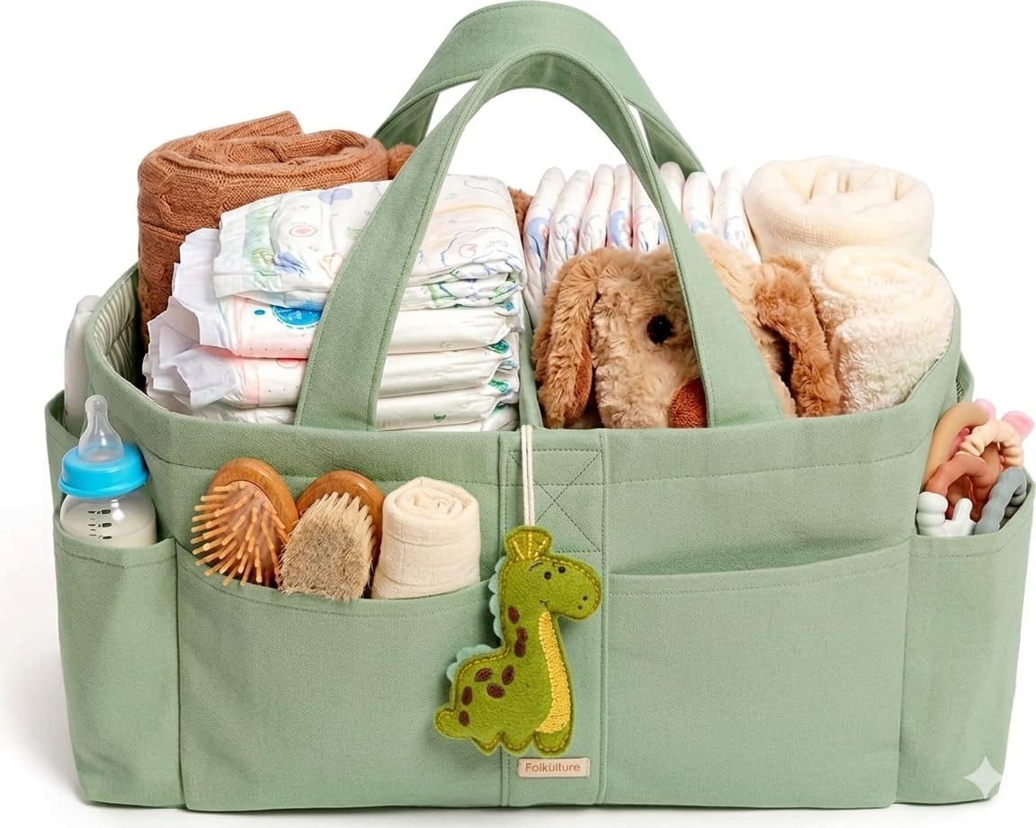 Folkulture Baby Diaper Caddy | Cotton Diaper Bag for Kids - Stylish Comfort Spacious Travel Essential Cart | Nursery Storage Bin and Car Organizer for Diapers, Wipes (Sky Blue - 15")