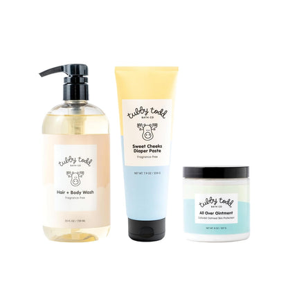 TUBBY TODD Baby Bundle Newborn Skin Care Set - Hypoallergenic Hair + Body Wash, All Over Ointment with Colloidal Oatmeal, Sweet Cheeks Diaper Paste - Fragrance Free, Standard Size