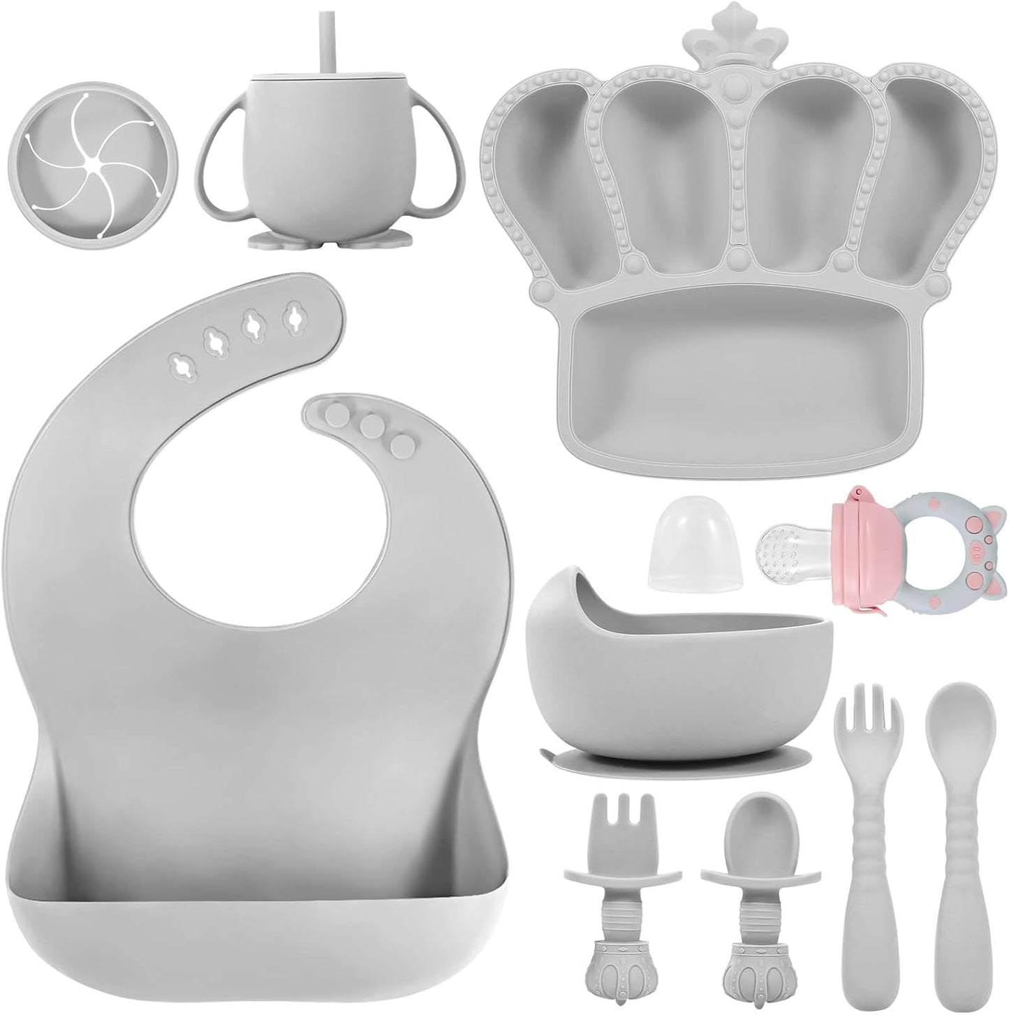 Silicone Baby Feeding Set 10 Pcs Baby Led Weaning Supplies Suction Bowl Divided Plate Baby Bibs Fruit Feeder Baby Spoons Forks Sippy Cup Toddler Utensil Sets Baby Essentials for Newborn Gift
