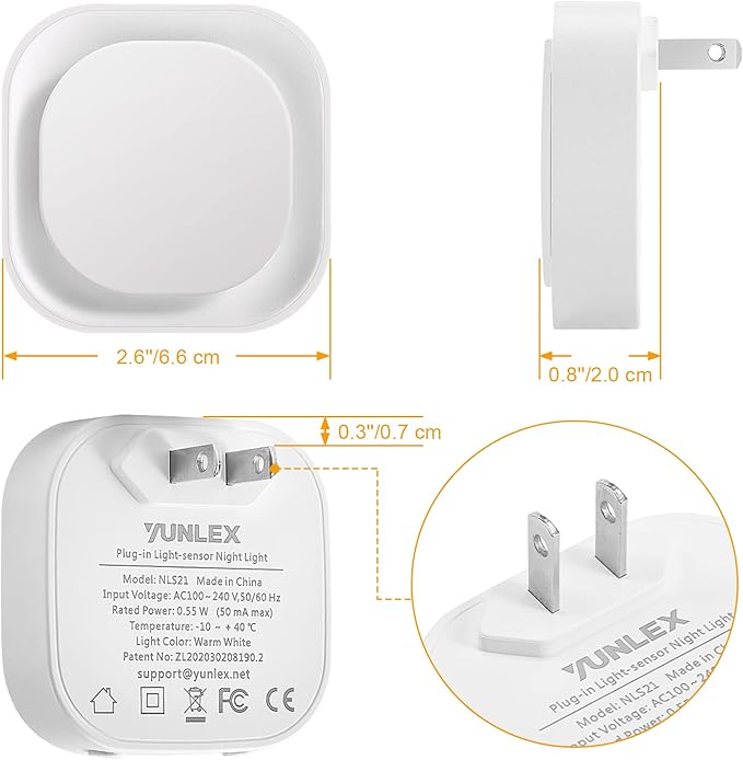 YUNLEX 2 Pack Plug in Dimmable Night Light, Square Nightlight, Auto Dusk to Dawn Sensor, Soft Glow, Diffused Light, Golden Yellow Light for Bathroom, Hallway, Stairs, Kitchen, Bedroom, Garage