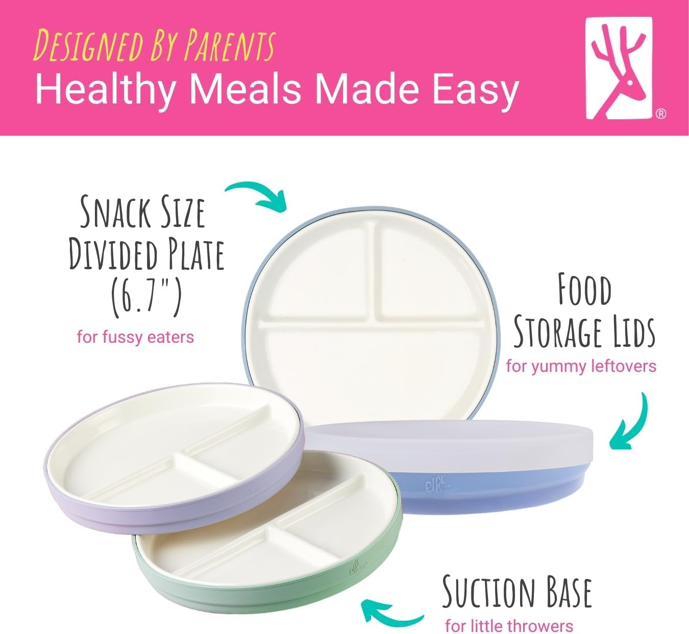 Elk and Friends Kids 6.7” Porcelain Divided Plates with Silicone Suction Sleeves + Silicone Lids | Suitable for Babies/Kids/Toddlers | Microwave & Dishwasher Safe | Non Slip | Snack Dishes | 4 Pack