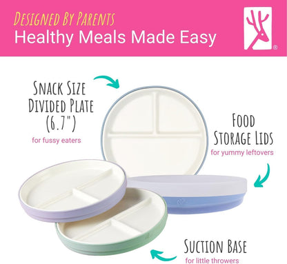 Elk and Friends Kids 6.7” Porcelain Divided Plates with Silicone Suction Sleeves + Silicone Lids | Suitable for Babies/Kids/Toddlers | Microwave & Dishwasher Safe | Non Slip | Snack Dishes | 4 Pack