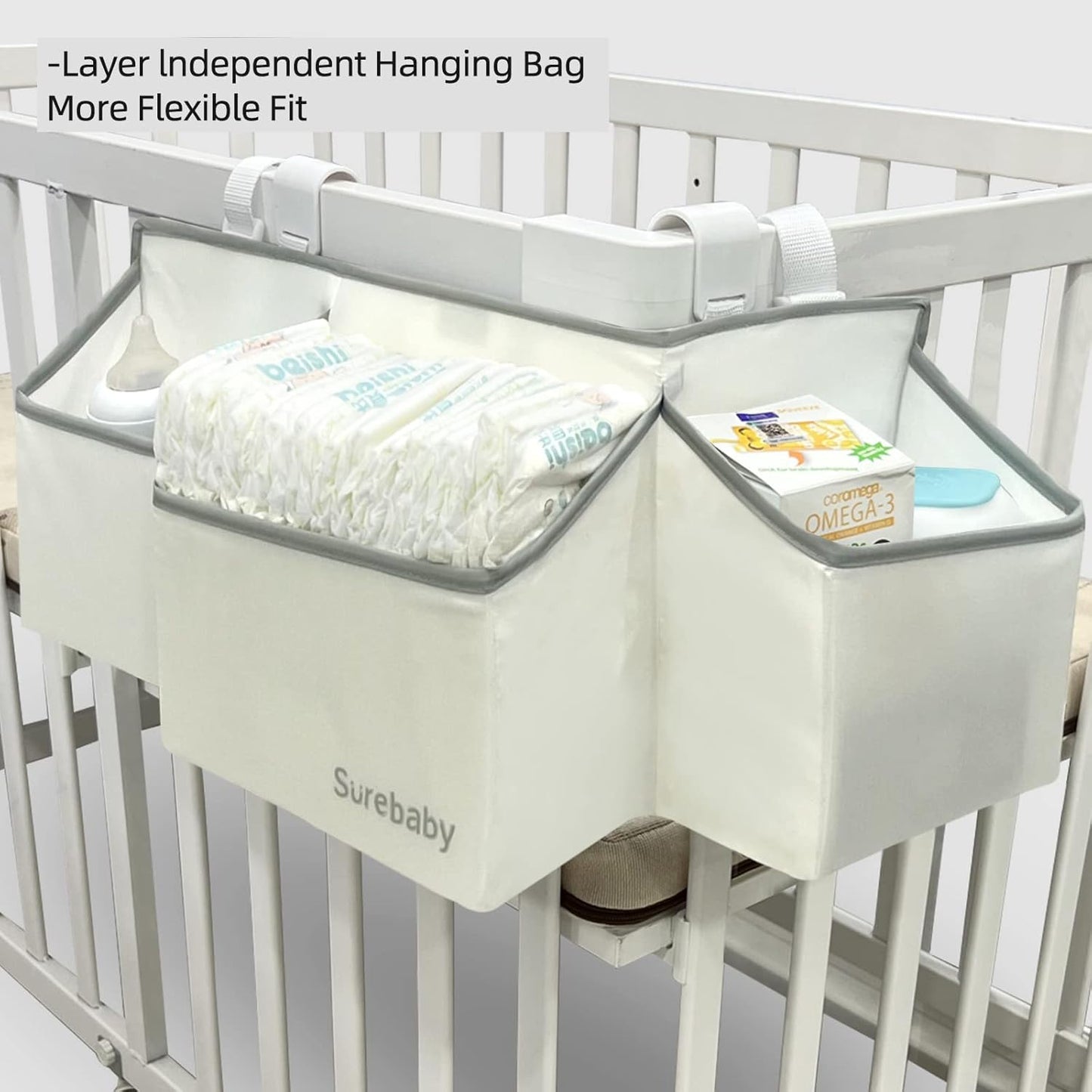 Hanging Baby Diaper Caddy, 3-in-1 Diaper Caddy Organizer Holder For Baby Crib, Nursery Organization Diaper Stacker Storage For Crib, Changing Table-Grey