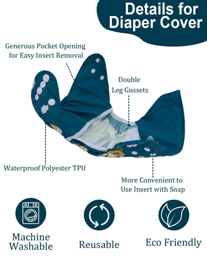 babygoal Cloth Diaper Covers 6 Pack with Wet Bag for Fitted Diapers and Prefolds with Double Gussets, Adjustable and Reusable for Baby Boys and Girls