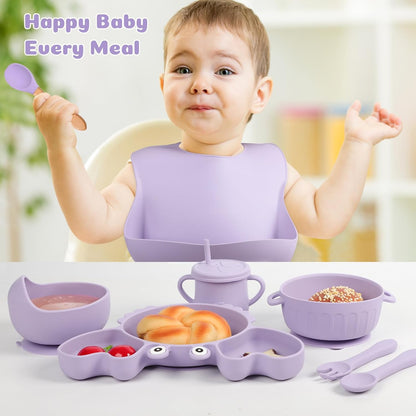 Silicone Baby Feeding Set 15 Pcs，Baby Spoons Suction Bowl Divided Plate Bib Cup Finger Brush Training cups,Baby Led Weaning Supplies,Baby Plates，Toddler Feeding Plates and Bowls Set（purple）