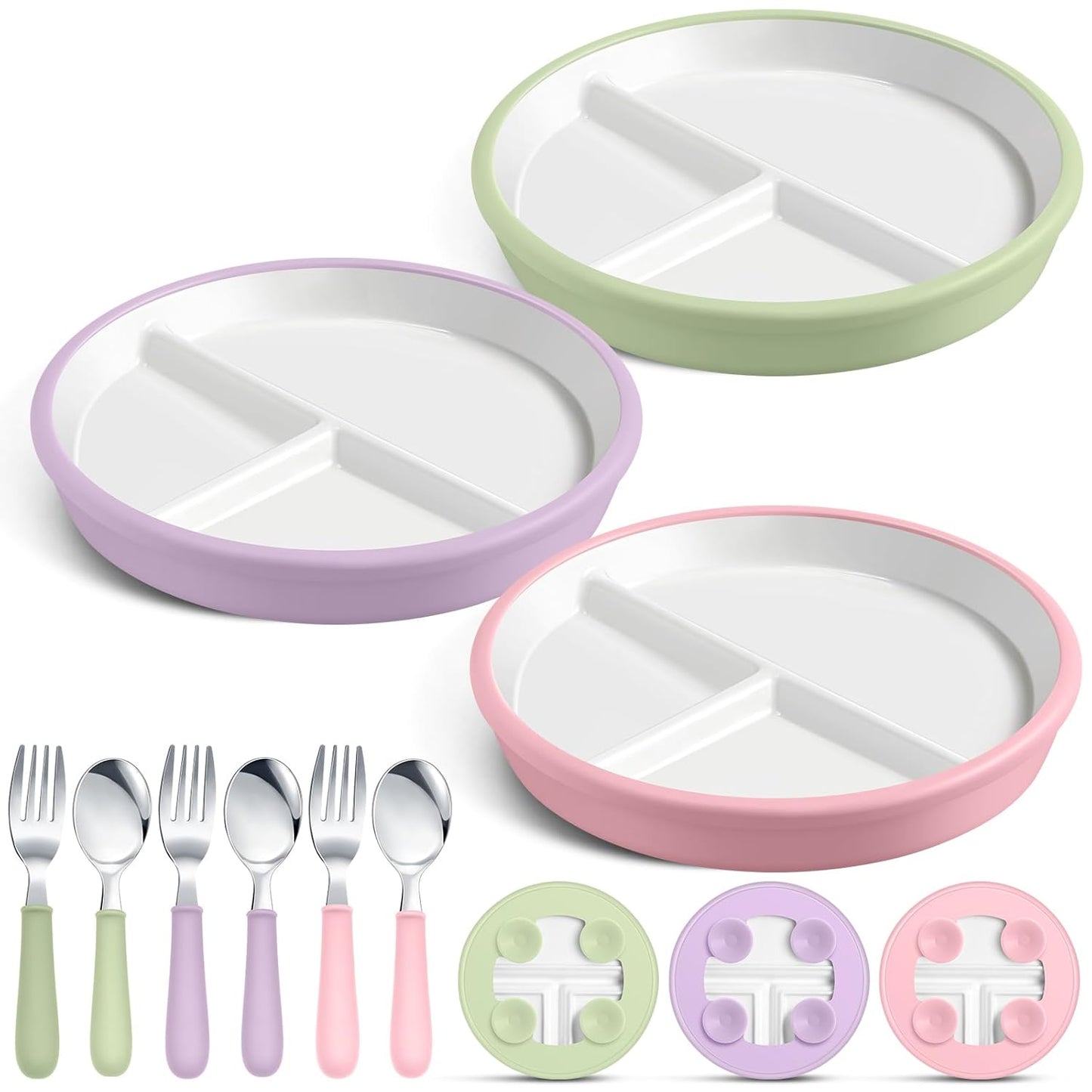 Teenyyou 3 Pack 8" Large Porcelain Toddler Plates Feeding Set, Ceramic Kids Suction Plates with Anti Slip Silicone Sleeve for Baby 3 Spoons and Forks Divided Kids (Blue,Green,Beige)