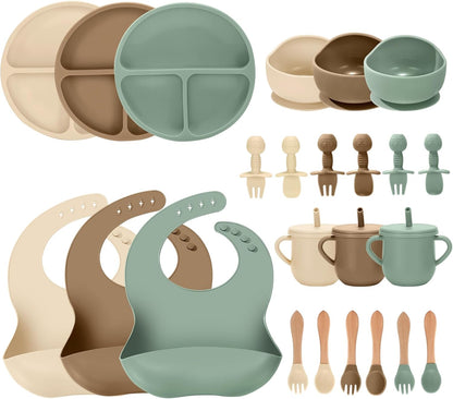 24 PCS Silicone Baby Feeding Set, Baby Led Weaning Supplies Includes Suction Bowls and Divided Plates, Adjustable Silicone Bib, Spoons&forks, Training cup with straw (Green+Brown+Beige)