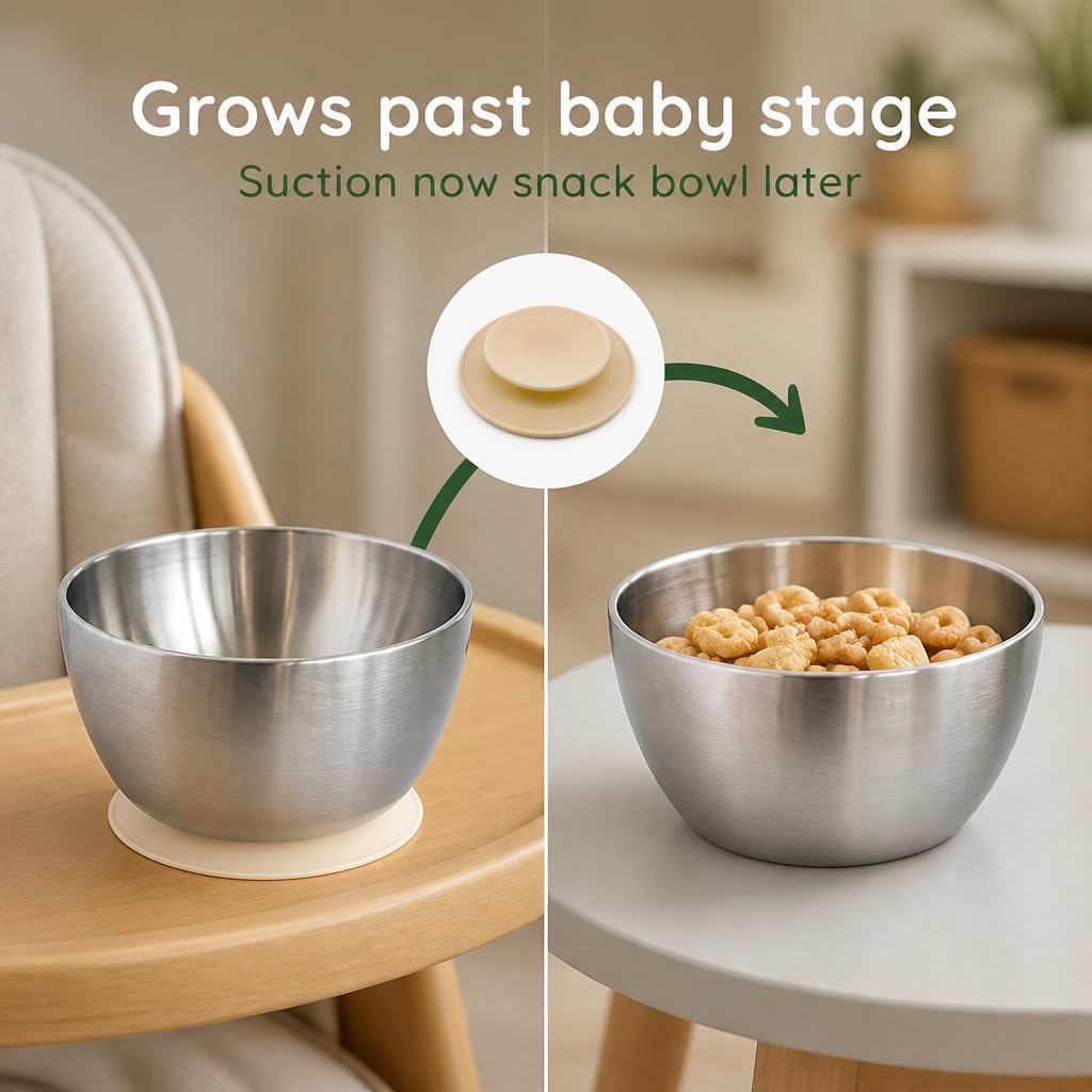 Stainless Steel Suction Bowl for Baby & Toddler – 4.3” Baby Led Weaning Bowl with Strong Silicone Base, 6M+ Self Feeding, Double Wall Insulated, Plastic-Free, Dishwasher Safe