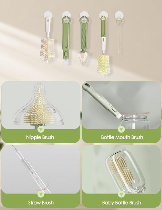 Baby Bottle Brush Set-Travel Bottle Cleaner Kit with Silicone Brush,Drying Rack,Nipple Brush,Straw Brush,Bottle Mouth Brush,Storage Box-6 in 1 Portable Bottle Washing Kit for Home and Travel