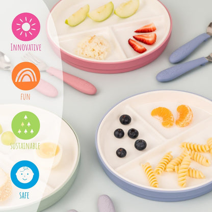 Elk and Friends Kids 6.7” Porcelain Divided Plates with Silicone Suction Sleeves + Silicone Lids | Suitable for Babies/Kids/Toddlers | Microwave & Dishwasher Safe | Non Slip | Snack Dishes | 4 Pack