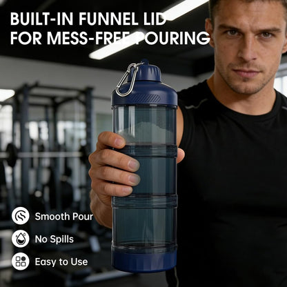 BYLWORKOUT 3-Layer Protein Powder Travel Container with Funnel and Keychain | Portable Food Storage Organizer for Gym, Fitness, Kitchen, Camping, Hiking, and Travel (Ink Blue)