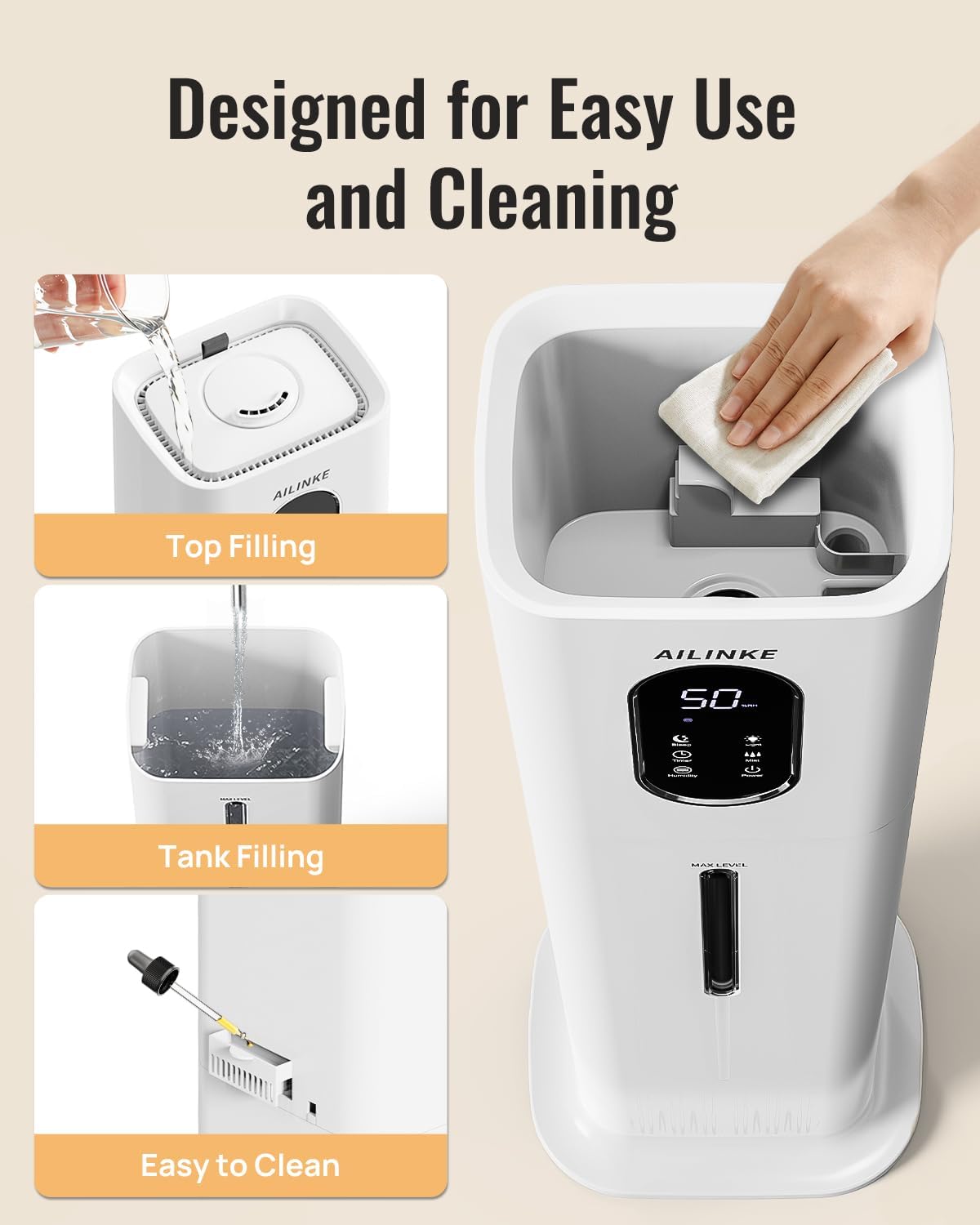 Humidifiers for Bedroom, 2.1Gal/8L Cool Mist Humidifier Large Room 500 sq ft, Humidifiers for Home with Essential Oil Diffuser, Light/Top Fill/Quiet Humidifier for Baby Nursery Office Plants, White