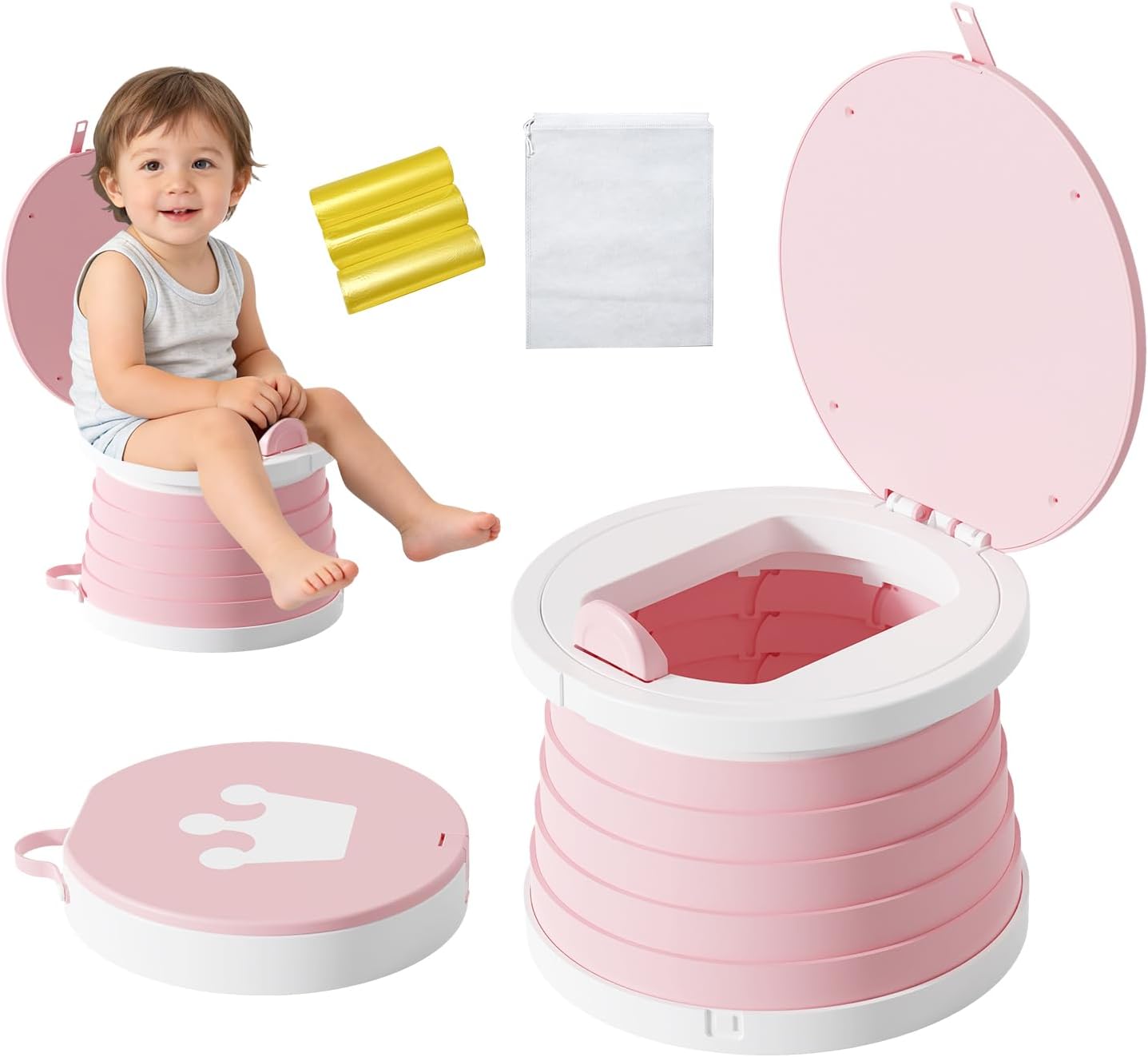 Portable Foldable Toddler Travel Potty - Medium Pink Potty Seat, Emergency Toilet for Car Camping Hiking, Lightweight Potty Chair for Indoor Outdoor Toddler Use
