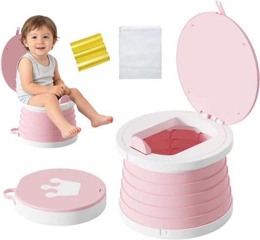 Portable Foldable Toddler Travel Potty - Medium Pink Potty Seat, Emergency Toilet for Car Camping Hiking, Lightweight Potty Chair for Indoor Outdoor Toddler Use