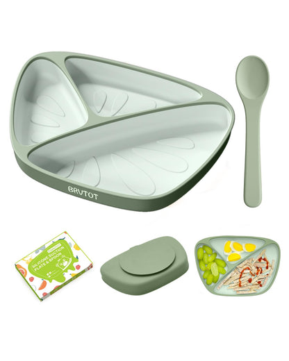 Toddler Suction Plates for Baby, Food Grade Platinum Silicone Baby Plates BPA Free, Divided Suction Toddler Plate Dishes and Spoon Set for Self Feeding, Deeper Design, Dishwasher Safe
