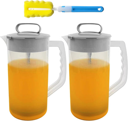 1 Pack Mixing Pitcher for Drink, 2 Quart/ 64oz Plastic Water Pitcher with Lid and Clean Sponge Brush, Angled Plastic Blades and Adjustable Mixer Plunger for Juice, Milk, Beverage Container