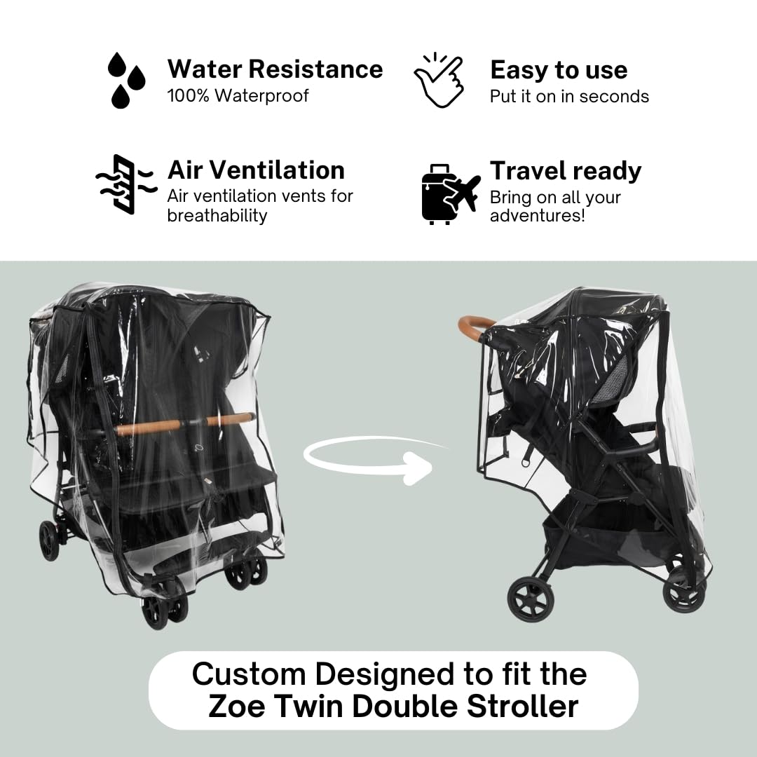 Rain Cover for Zoe Twin Double Stroller by SASHA'S, Zipper Access, Maximum Coverage, Weather Shield (Stroller not Included)