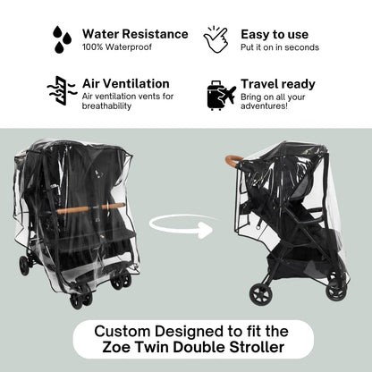 Rain Cover for Zoe Twin Double Stroller by SASHA'S, Zipper Access, Maximum Coverage, Weather Shield (Stroller not Included)