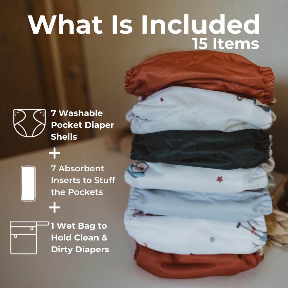 Nora's Nursery Cloth Diapers 7 Pack with 7 Inserts & 1 Wet Bag - Waterproof Cover, Washable, Reusable & One Size Adjustable Pocket Diapers for Newborns and Toddlers - Cali Coastal