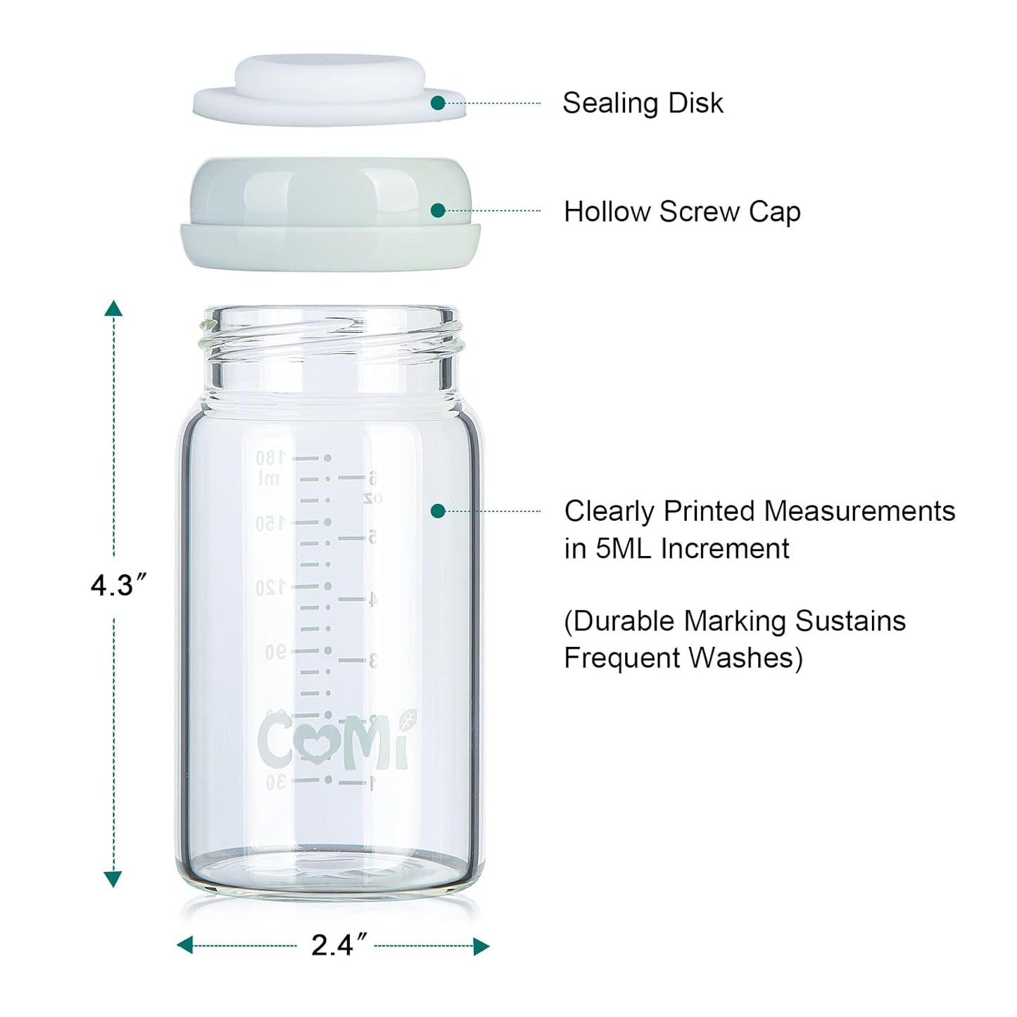 COMI Wide Neck Glass Breastmilk Collection n Storage Bottle, 4 Packs,10oz with Screw Ring Sealing Disk,Re-markable Sealing Disc,BPA Free,Fits Breast Pumps&Nipples(4 Green Lids)