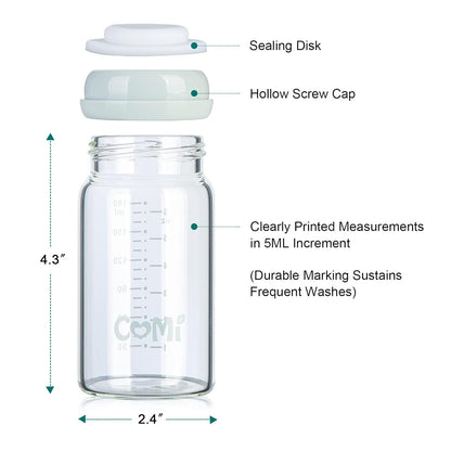 COMI Wide Neck Glass Breastmilk Collection n Storage Bottle, 4 Packs,10oz with Screw Ring Sealing Disk,Re-markable Sealing Disc,BPA Free,Fits Breast Pumps&Nipples(4 Green Lids)