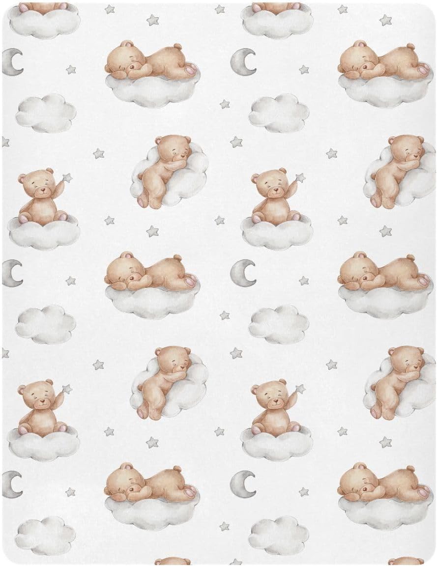 Fitted Crib Sheets White Bears with Clouds Stretchy Portable Playard Sheets for Baby Toddler, Breathable Soft Mini Crib Mattress 39 x 27 in for Boys and Girls