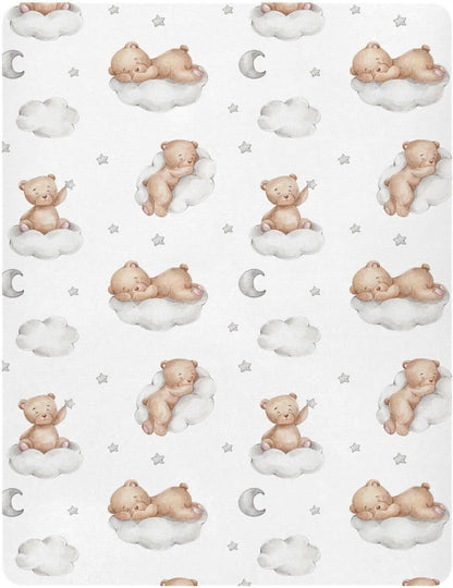 Fitted Crib Sheets White Bears with Clouds Stretchy Portable Playard Sheets for Baby Toddler, Breathable Soft Mini Crib Mattress 39 x 27 in for Boys and Girls
